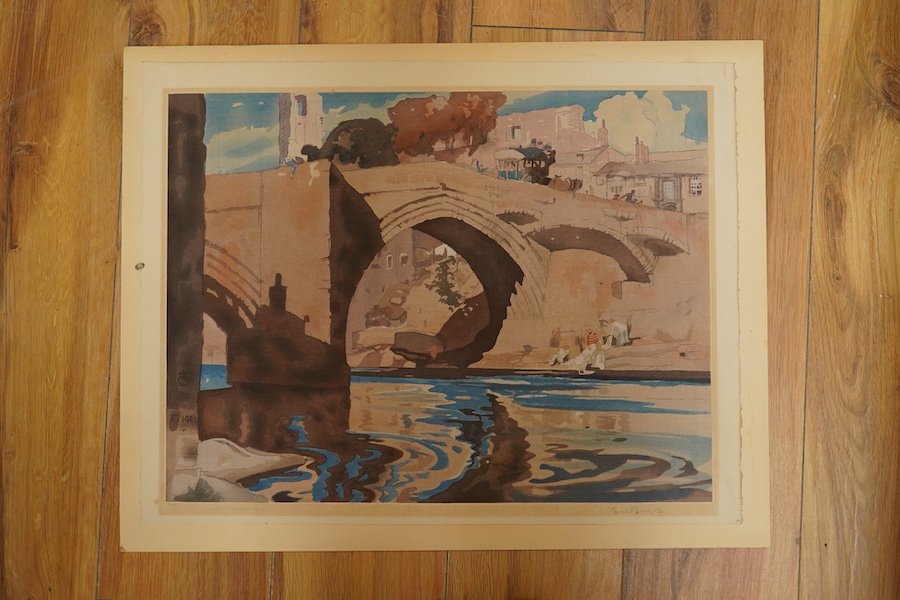 Frank Brangwyn RA RWS RBA (1867-1956), woodblock print, ‘Barnard castle’, printed by Urushibara, signed by both artists, unframed, 42 x 54cm. Condition - fair, generally faded